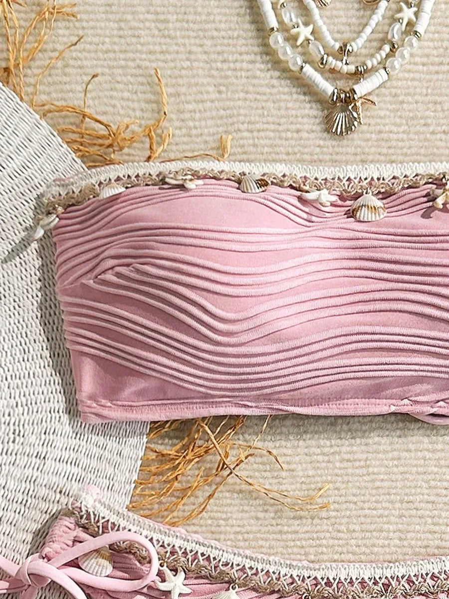 XS - XL Bandeau ráncos, magas kivágású bikini női fürdőruha női fürdőruha kétrészes bikiniszett kagyló fürdőruha úszás