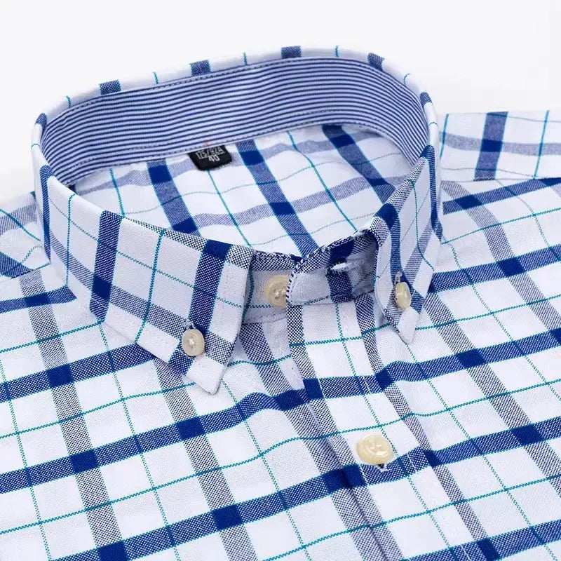 100% pamut férfi Oxford ing, rövid ujjú, nyári, kockás, csíkos, férfi ruházat, üzleti, normál szabású, túlméretezett ing, 7XL, 6XL