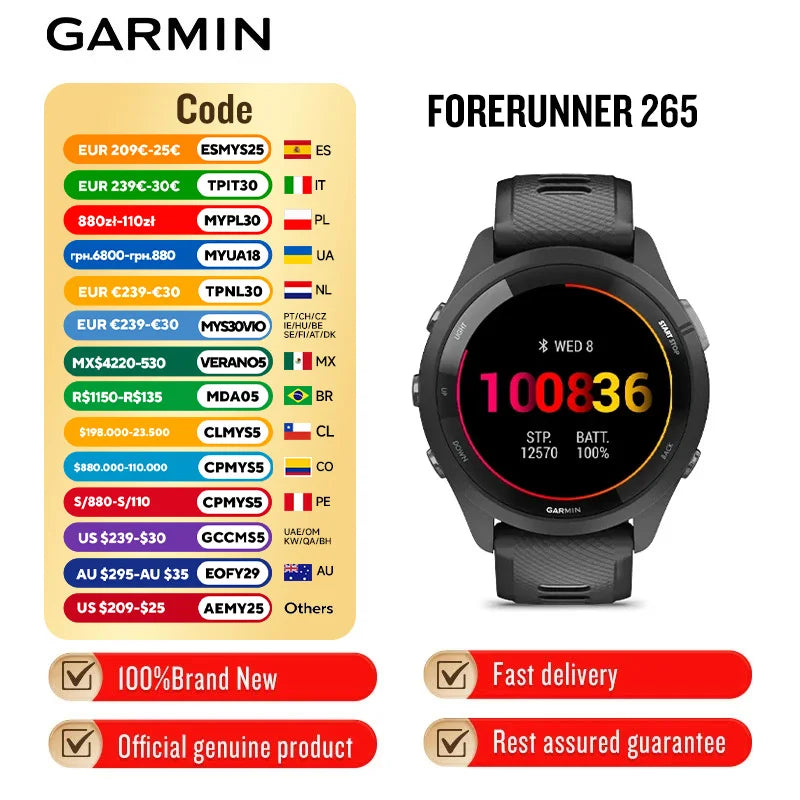 Garmin Forerunner 265/265s sportóra, kültéri GPS, futás, fitnesz, maraton, úszás, kínai pulzusmérő, véroxigén-mérő, okosóra
