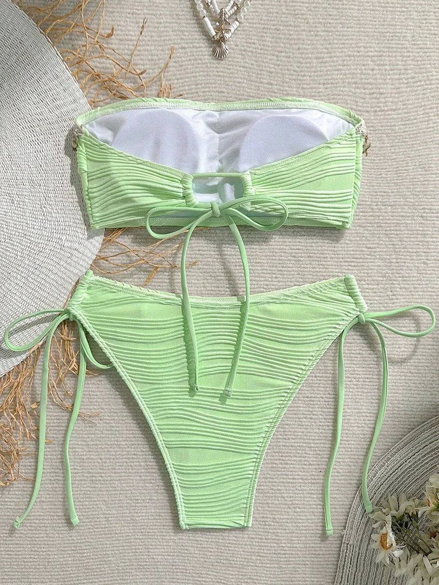 XS - XL Bandeau ráncos, magas kivágású bikini női fürdőruha női fürdőruha kétrészes bikiniszett kagyló fürdőruha úszás