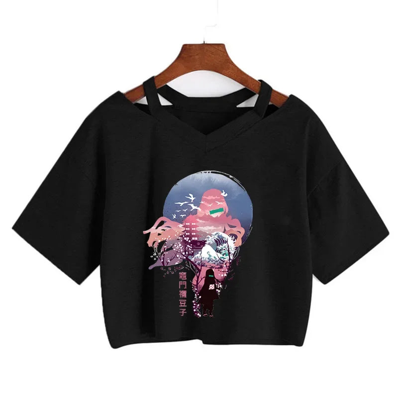 Demon Slayer póló Nezuko póló női Kimetsu No Yaiba crop top pólók japán anime Tanjiro Kamado felsők Manga póló női