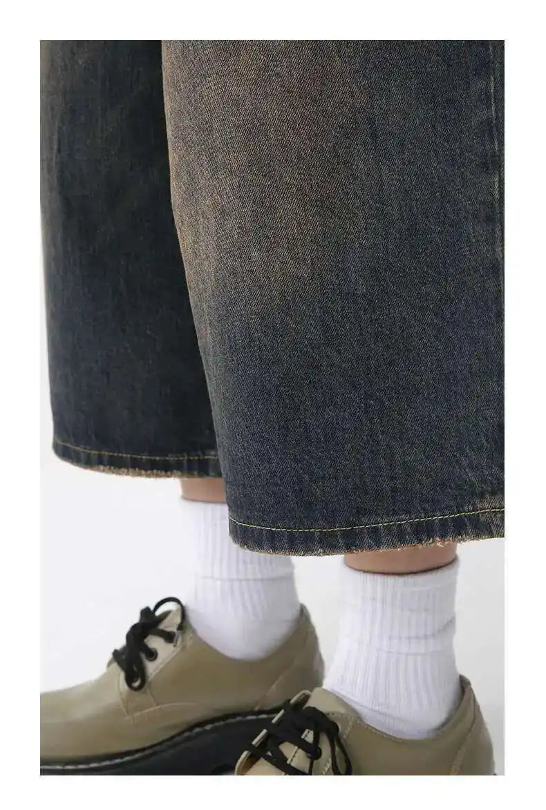 IEFB koreai stílusú vintage férfi farmer nyári laza férfi széles szárú térdig érő rövidnadrág új mosott divatos rövid farmer nadrág
