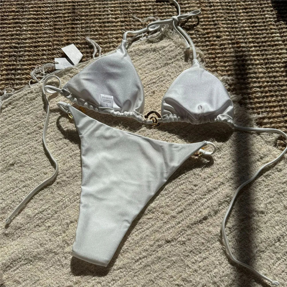 Egyszínű narancssárga fürdőruha fém gyűrűs zsinóros háromszög alakú mikro bikini tanga szexi fürdőruha nők 2026 fürdőruha bikiniszett