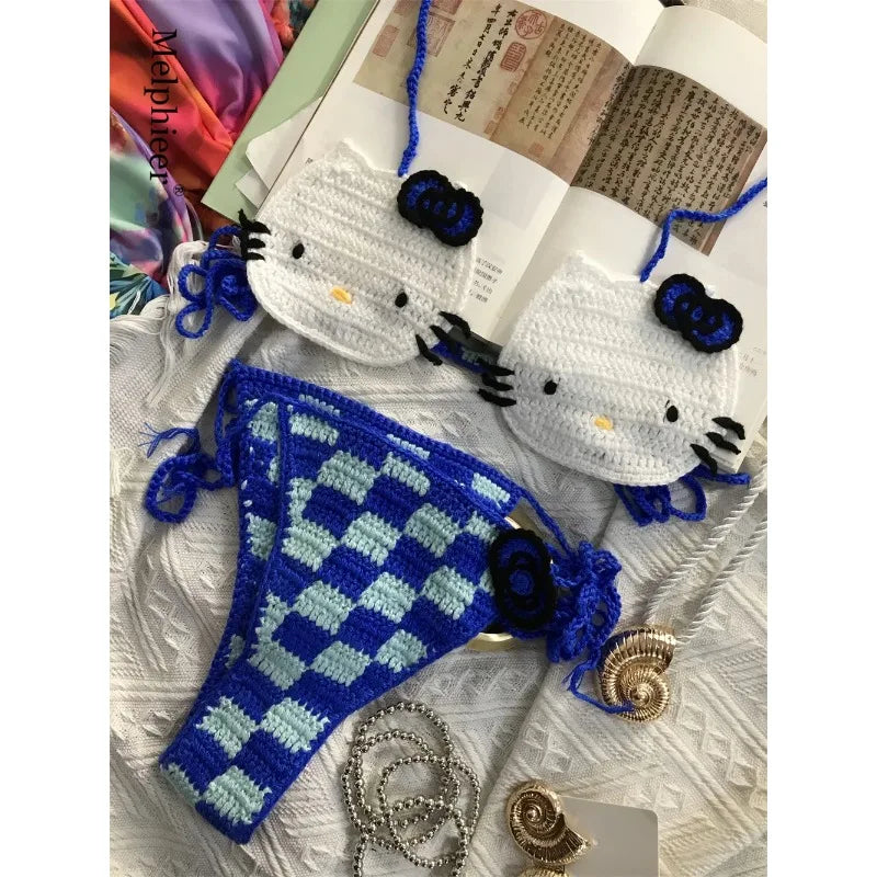 Sanrio horgolt bikini szett aranyos lányoknak fürdőruhák Hello Kitty szexi fürdőruha mikro kötésű bikinik strandruha női fürdőruha