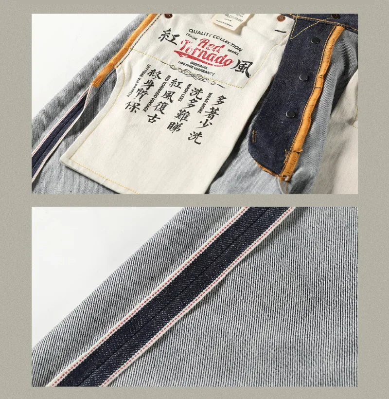 Piros Tornado 55501 Laza Egyenes Fazonú Férfi Farmer Raw Selvedge Farmer Nadrág Amekaji