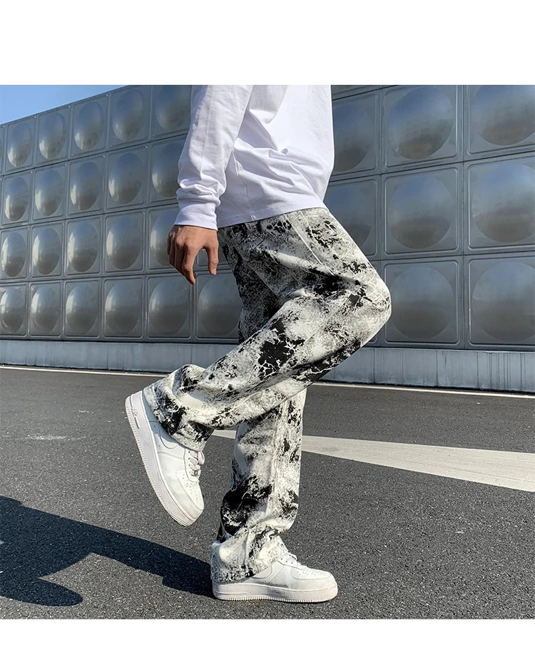 Nyomott farmernadrág Unisex rugalmas derekú tavaszi 2025 Férfi divatos koreai stílusú főutcai laza hip-hop nadrág