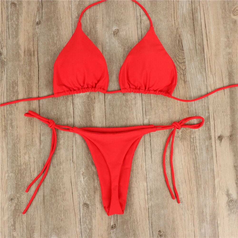 Női szexi tanga bikini szett oldalsó fürdőruha kötszer stílusú brazil fürdőruha osztott pántos állítható egyszínű női fürdőruha szett