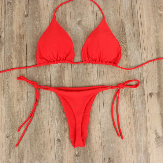 Női szexi tanga bikini szett oldalsó fürdőruha kötszer stílusú brazil fürdőruha osztott pántos állítható egyszínű női fürdőruha szett