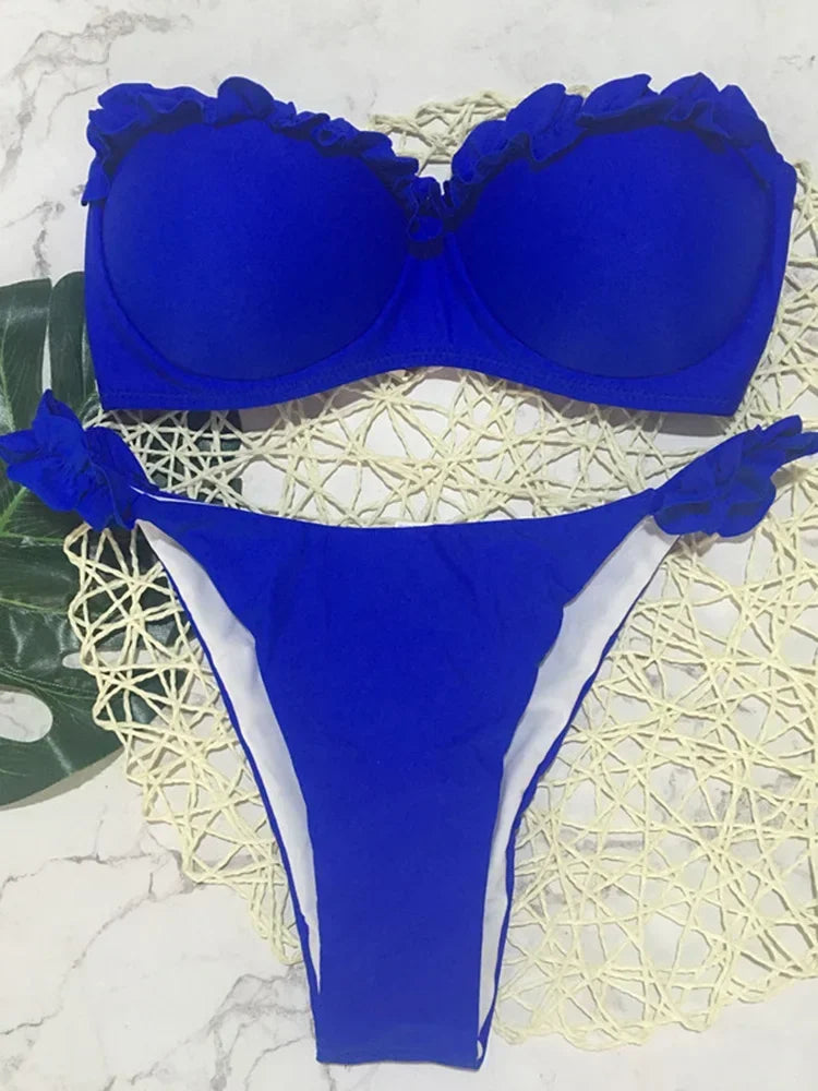 Szexi fodros, fodros melltartós bikini 2026 női bandeau fürdőruha női fürdőruha kétrészes bikiniszett push up fürdőruha úszás
