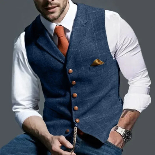Férfi lezser klasszikus öltönymellény retró pamutkeverék tweed öltöny bélelt mellény S-3XL