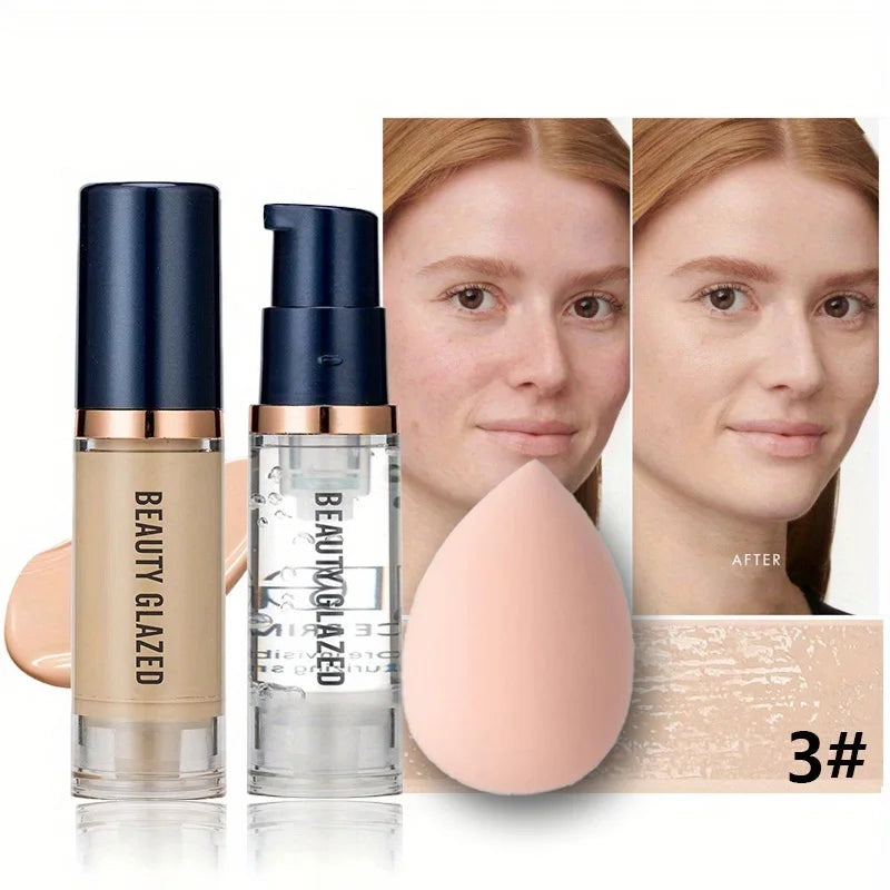 BEAUTY GLAZED 3 darabos arcsmink készlet, matt, tartós, vízálló folyékony alapozó + primer + puff