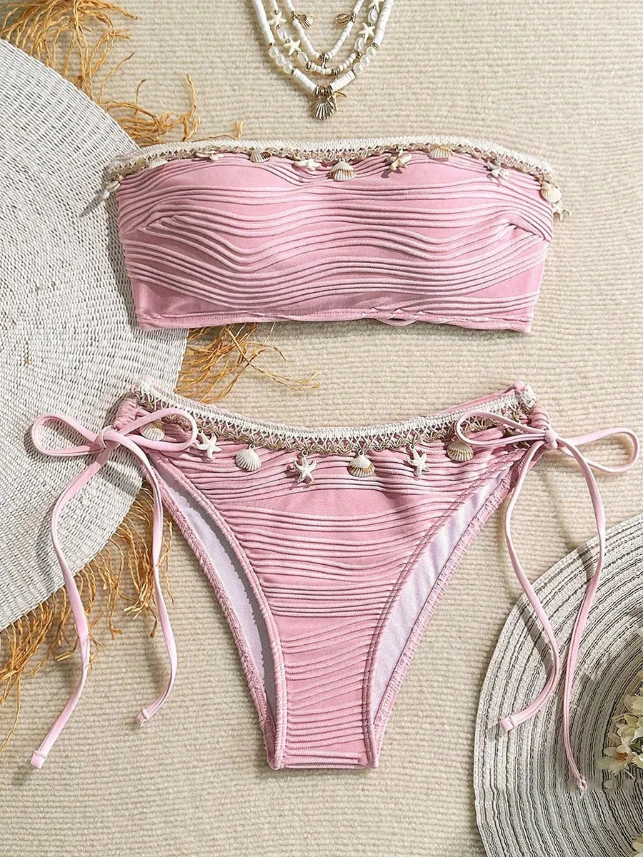 XS - XL Bandeau ráncos, magas kivágású bikini női fürdőruha női fürdőruha kétrészes bikiniszett kagyló fürdőruha úszás