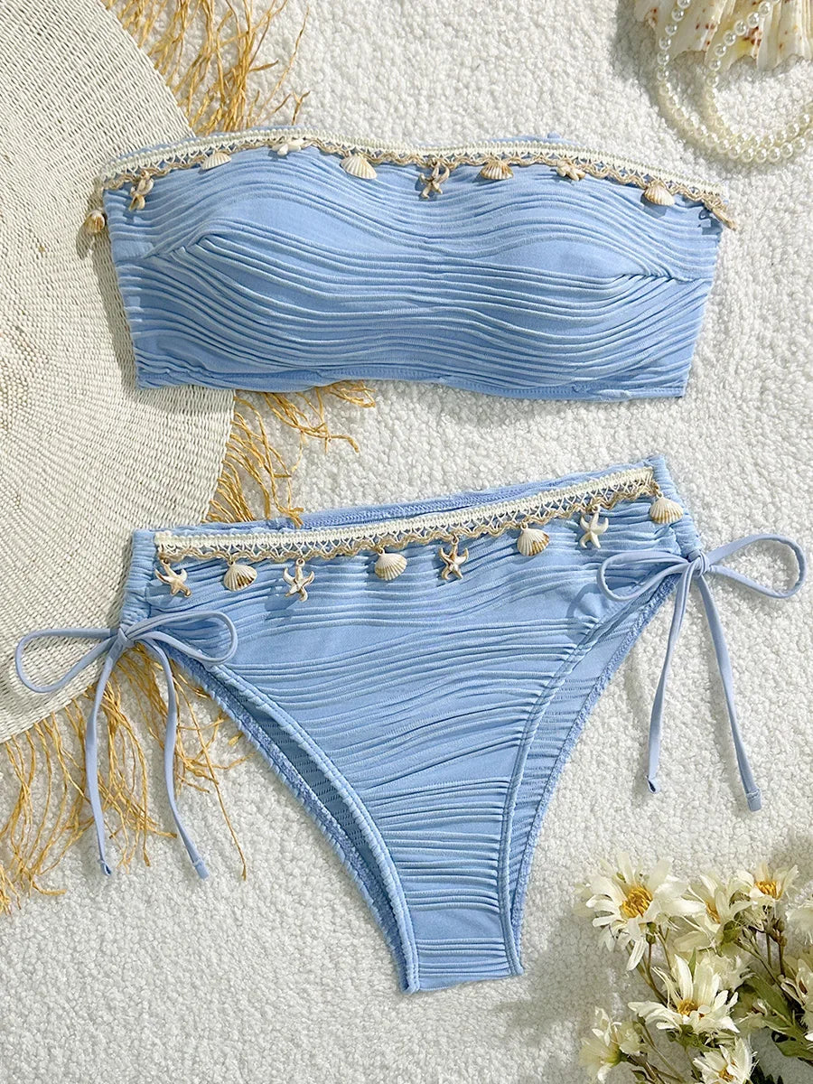 XS - XL Bandeau ráncos, magas kivágású bikini női fürdőruha női fürdőruha kétrészes bikiniszett kagyló fürdőruha úszás