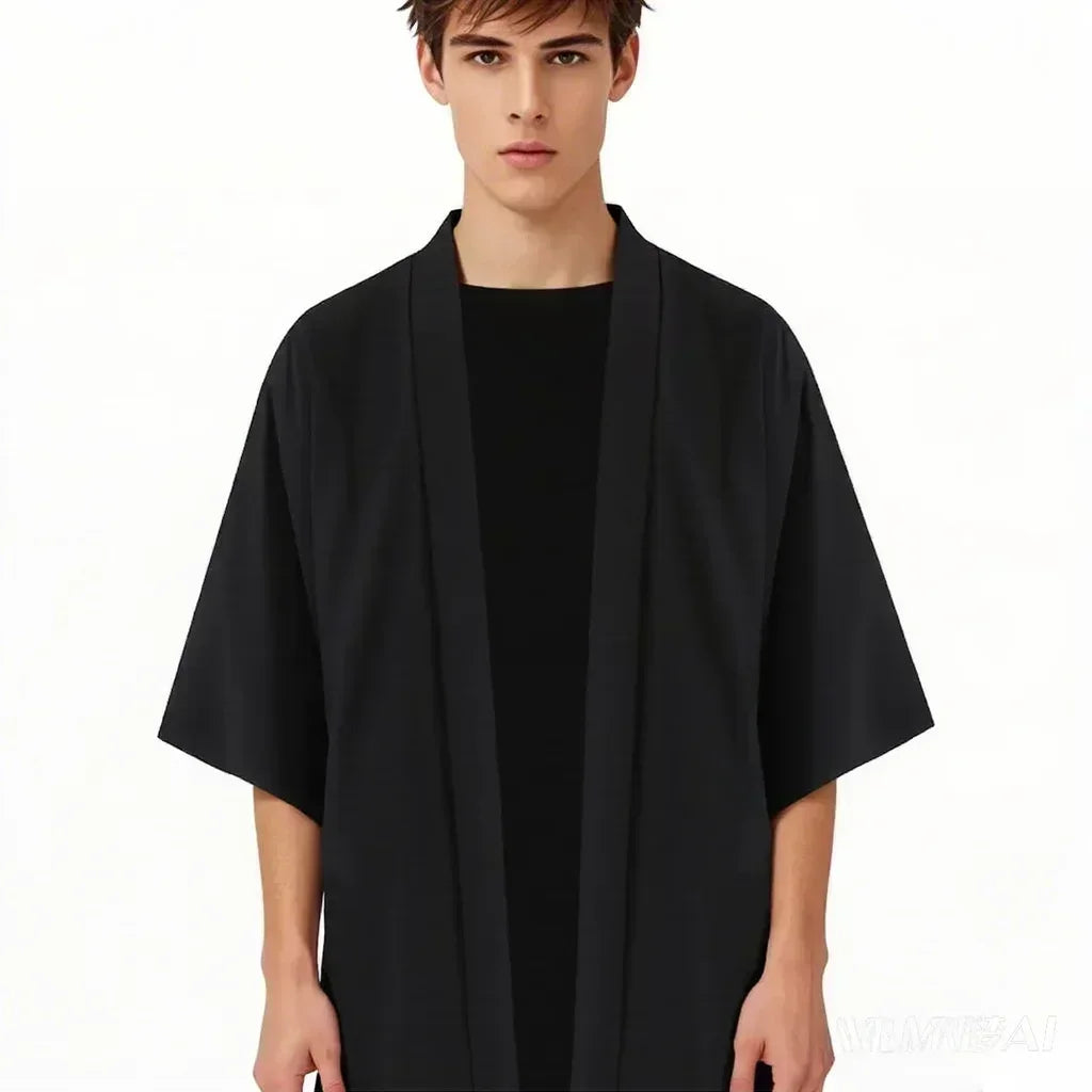 Férfi japán kimonó ingek, lezser, nyitott öltésű, könnyű, yukata, divatos, fekete kardigán, 3/4 ujjú, felsőruházat nyári vakációra