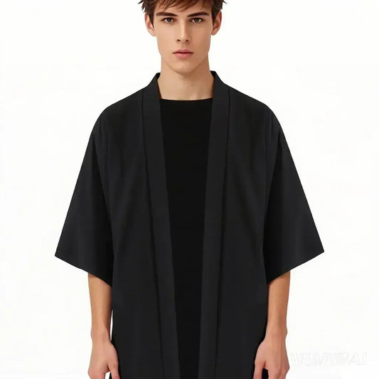 Férfi japán kimonó ingek, lezser, nyitott öltésű, könnyű, yukata, divatos, fekete kardigán, 3/4 ujjú, felsőruházat nyári vakációra