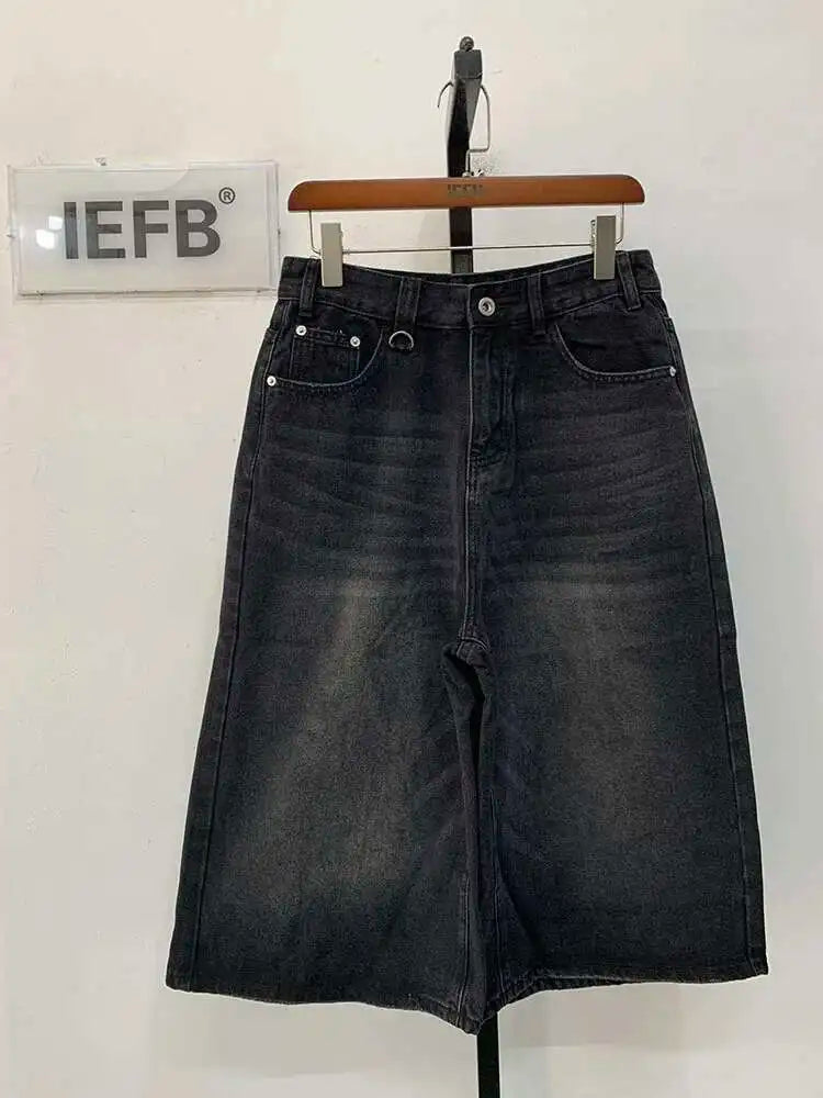 IEFB koreai stílusú vintage férfi farmer nyári laza férfi széles szárú térdig érő rövidnadrág új mosott divatos rövid farmer nadrág