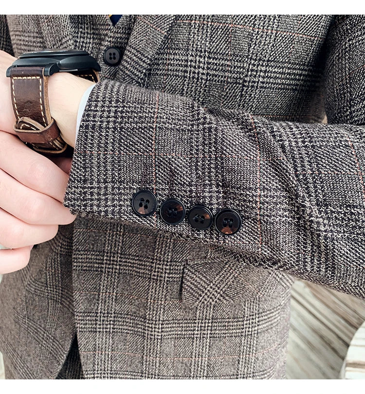 Férfi kiváló minőségű, plus size 5XL-M háromrészes öltöny (öltöny+mellény+nadrág) üzleti divatos kockás öltöny vőlegény esküvői