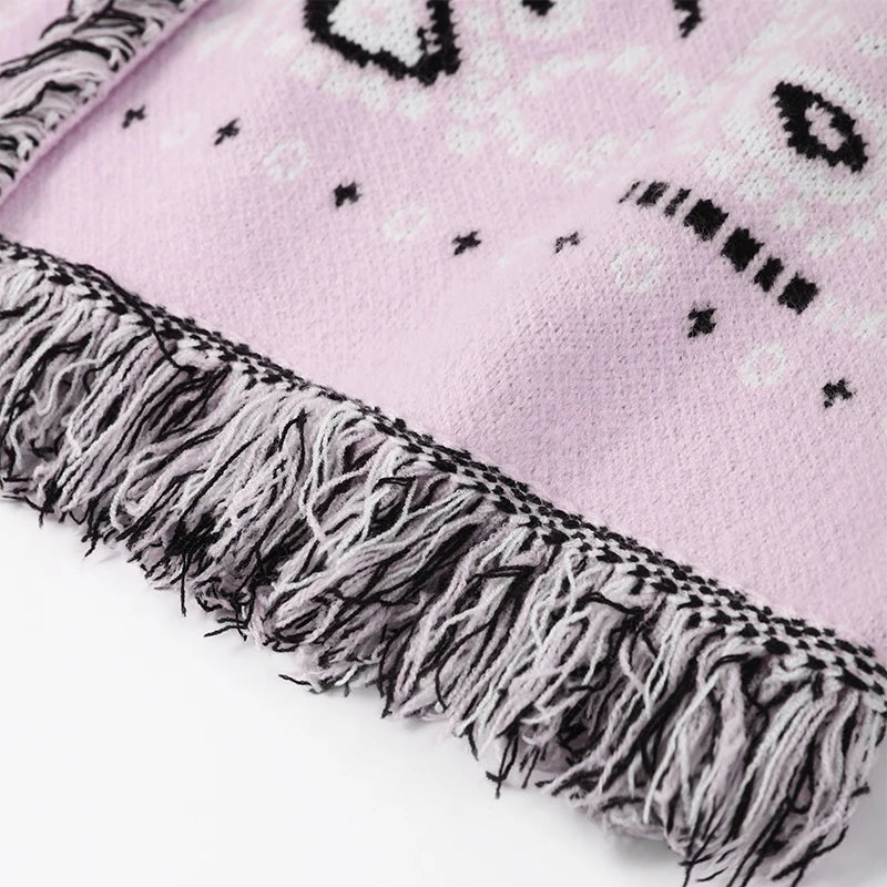 2026 Tavaszi bojtos kötött jacquard női kardigánok laza patchwork V-nyakú hosszú ujjú vastag meleg pulóver női új kötöttáru