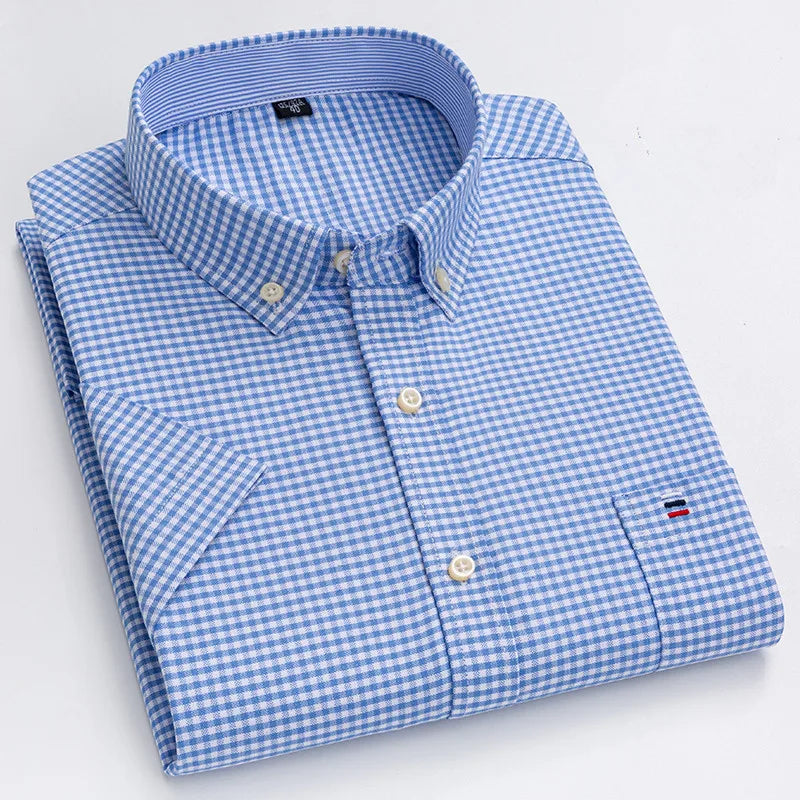 100% pamut férfi Oxford ing, rövid ujjú, nyári, kockás, csíkos, férfi ruházat, üzleti, normál szabású, túlméretezett ing, 7XL, 6XL