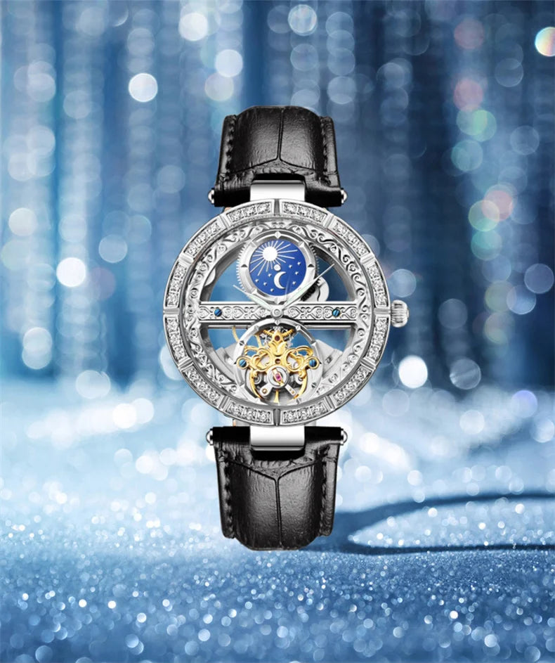 Női automata mechanikus karóra, csúcsmárkás luxus bőr vízálló órák, női csontváz Tourbillon óra, reloj mujer, új
