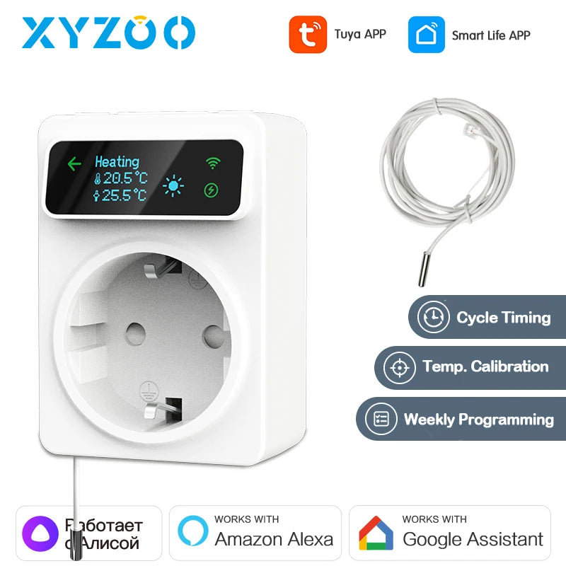 Tuya WiFi termosztát aljzat 16A intelligens programozható visszaszámláló aljzat fűtés-hűtés vezérlő 3M hőmérséklet-érzékelővel
