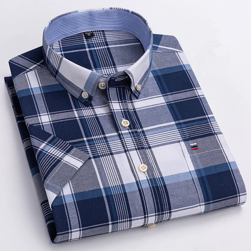 100% pamut férfi Oxford ing, rövid ujjú, nyári, kockás, csíkos, férfi ruházat, üzleti, normál szabású, túlméretezett ing, 7XL, 6XL