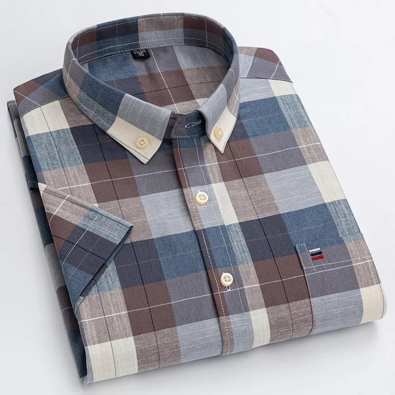 100% pamut férfi Oxford ing, rövid ujjú, nyári, kockás, csíkos, férfi ruházat, üzleti, normál szabású, túlméretezett ing, 7XL, 6XL
