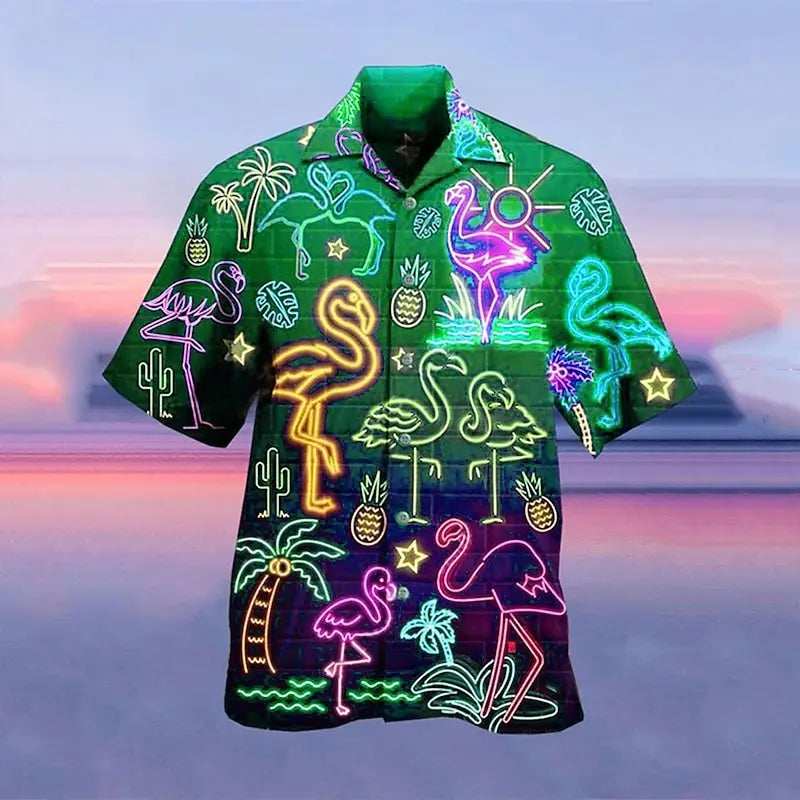 Férfi ing, hawaii ing, camp póló, fluoreszkáló 3D nyomtatású, utcai, lezser, rövid ujjú ruházat, divatos, hétköznapi