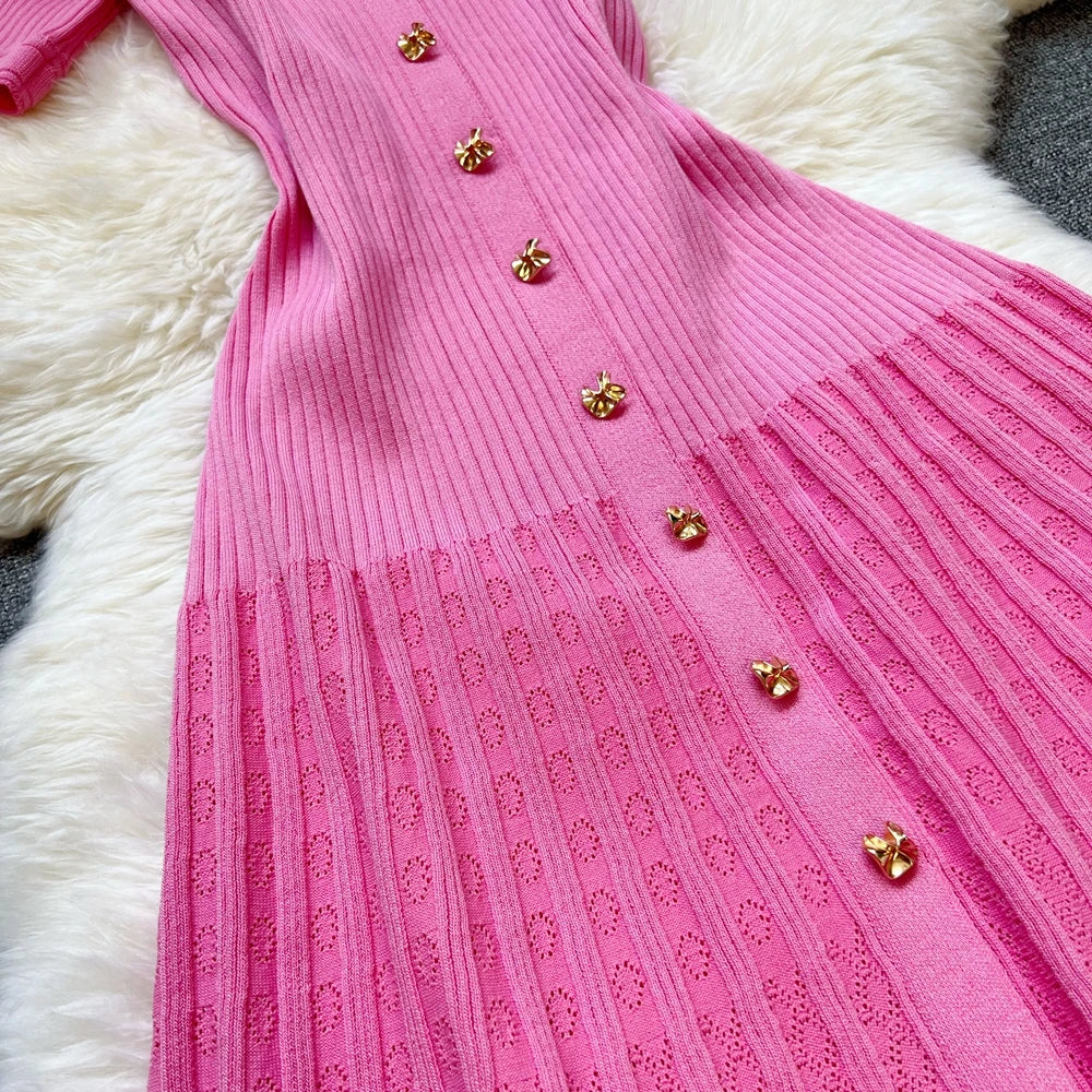 YuooMuoo márka divatos elegáns patchwork kötött hosszú ruha tavaszi nyári női luxus ing pulóver ruha hölgy party Vestido