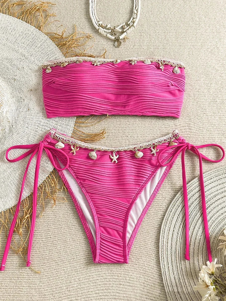 XS - XL Bandeau ráncos, magas kivágású bikini női fürdőruha női fürdőruha kétrészes bikiniszett kagyló fürdőruha úszás