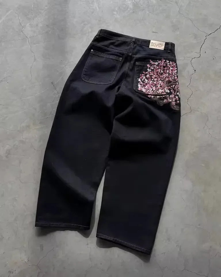 Vintage alacsony derekú hip-hop cseresznyevirág hímzett farmer széles szárú nadrág Y2K ruházat férfi női hímzett baggy farmer