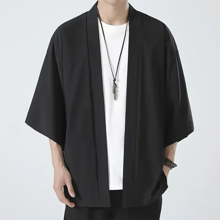Férfi japán kimonó ingek, lezser, nyitott öltésű, könnyű, yukata, divatos, fekete kardigán, 3/4 ujjú, felsőruházat nyári vakációra
