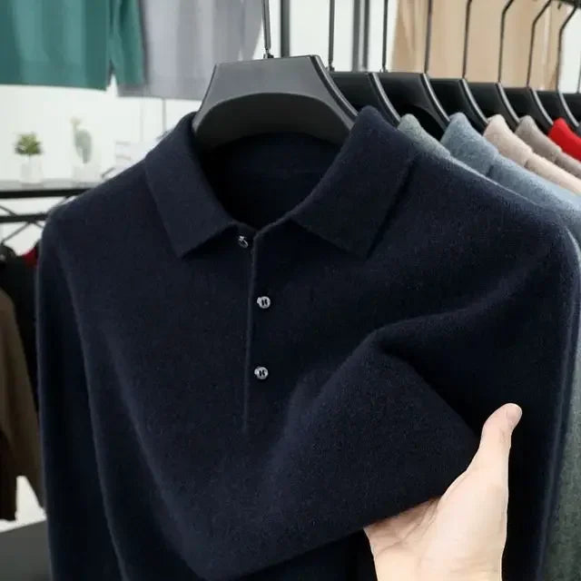 Elegáns, lezser, őszi-téli, férfi pulóver, egyszínű, gombos hajtókával,  divatos,  hosszú ujjú pulóverek, kötött felsők