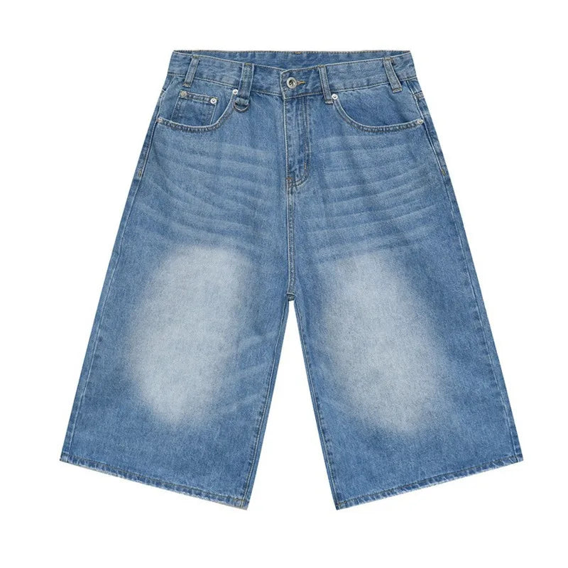 IEFB koreai stílusú vintage férfi farmer nyári laza férfi széles szárú térdig érő rövidnadrág új mosott divatos rövid farmer nadrág