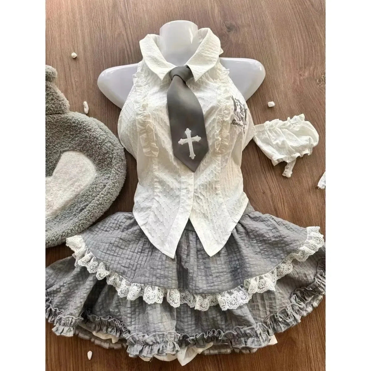 Japán Kawaii 3 darabos szett Lolita Y2k kardigán kabátok + mini szoknyák + fűző mellény amerikai vintage öltönyök őszi parti sikkes