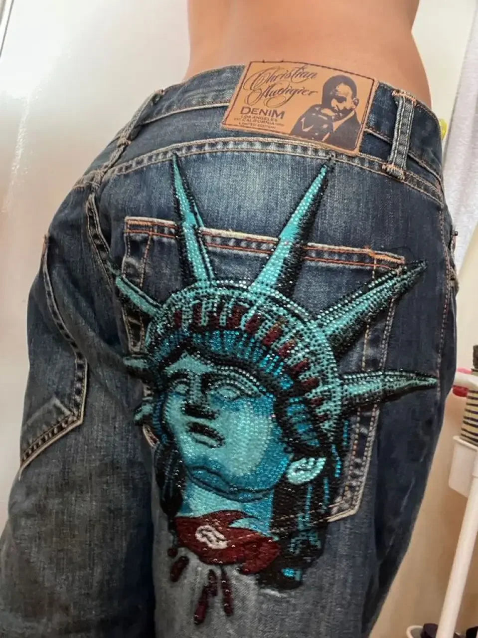 American vintage Liberty Goddess  magas derekú, egyenes szabású, bő szárú farmer, Y2K lezser, Ins utcai viseletű hosszú nadrág