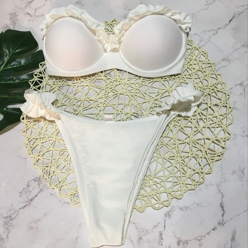 Szexi fodros, fodros melltartós bikini 2026 női bandeau fürdőruha női fürdőruha kétrészes bikiniszett push up fürdőruha úszás