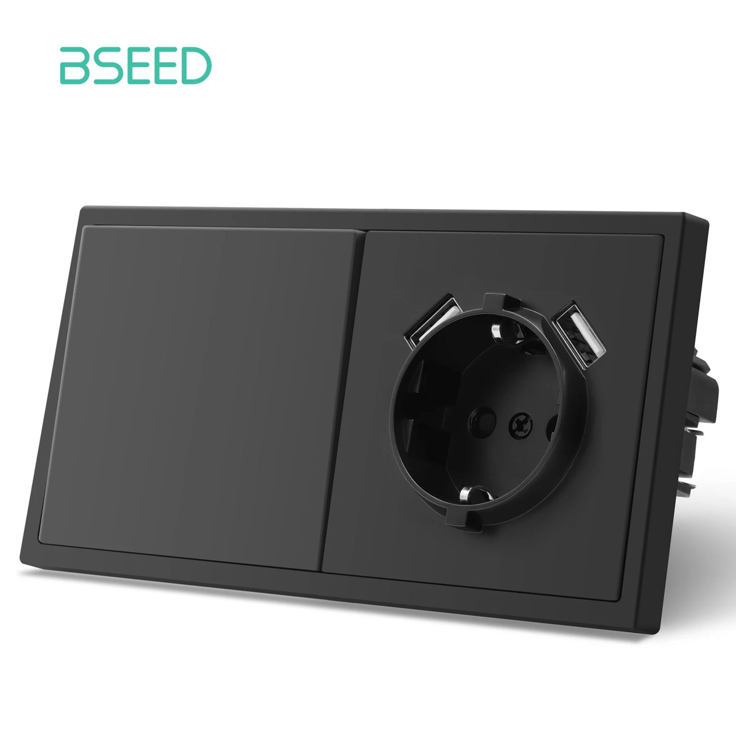 BSEED 1/2-es mechanikus gombos kapcsolók, 1 állású, EU fali aljzatok, USB tápcsatlakozókkal, műanyag panel, LED-ek nélkül, fekete sorozat
