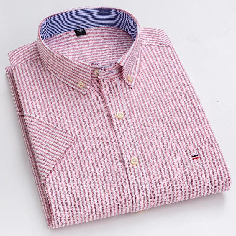 100% pamut férfi Oxford ing, rövid ujjú, nyári, kockás, csíkos, férfi ruházat, üzleti, normál szabású, túlméretezett ing, 7XL, 6XL