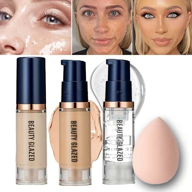 BEAUTY GLAZED 3 darabos arcsmink készlet, matt, tartós, vízálló folyékony alapozó + primer + puff