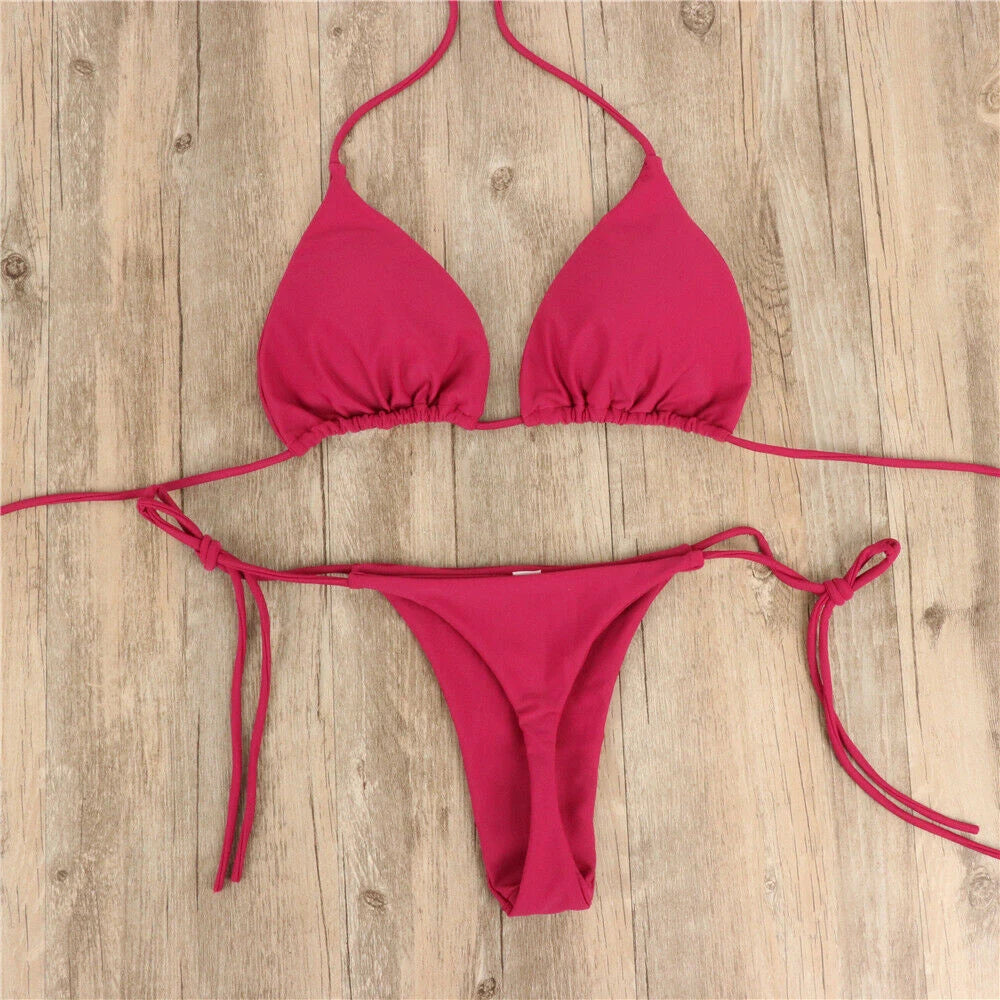Női szexi tanga bikini szett oldalsó fürdőruha kötszer stílusú brazil fürdőruha osztott pántos állítható egyszínű női fürdőruha szett