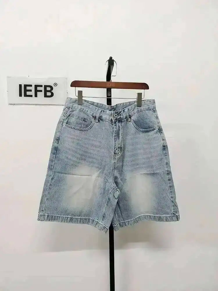IEFB Nyári Férfi Lezser Farmer Rövidnadrág Laza Közepes Magas Derekú Divat Térdhosszúságú Farmer Rövid Nadrág Vintage Férfi Új Koreai