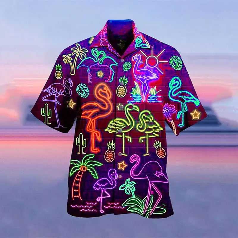 Férfi ing, hawaii ing, camp póló, fluoreszkáló 3D nyomtatású, utcai, lezser, rövid ujjú ruházat, divatos, hétköznapi