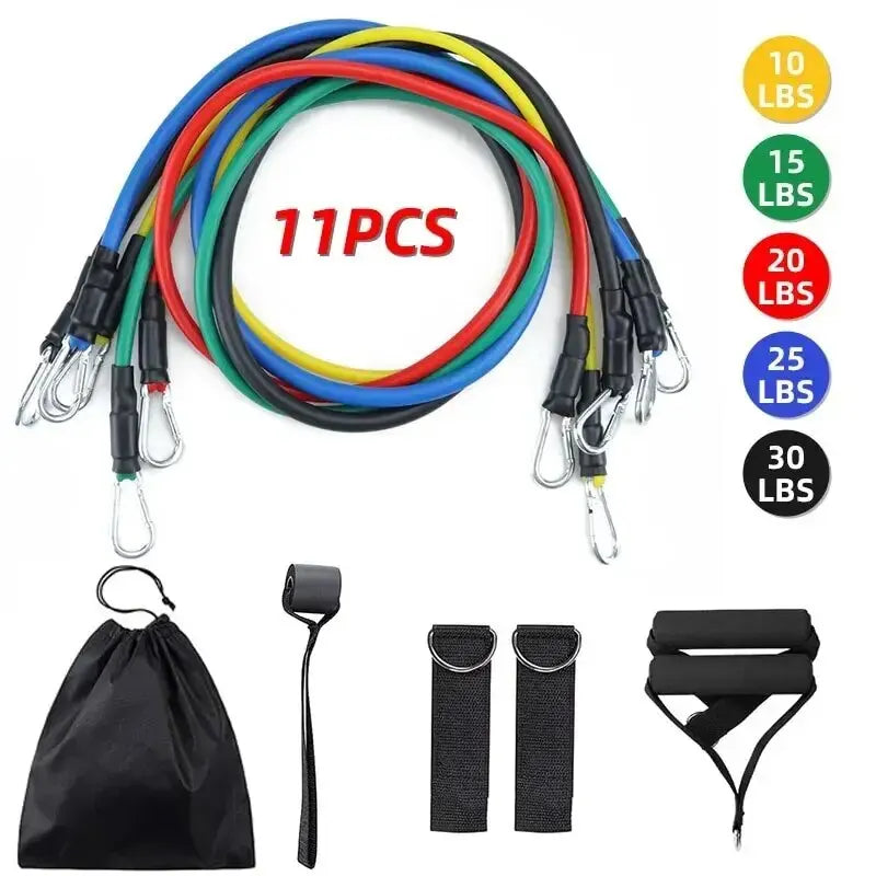 11 db-os TPE ellenállás-szalag szett, fitneszszalag, húzókötél, rugalmas edzőszalag ajtóra akasztható fogantyúkkal, hordtáskával, lábakkal, bokapántokkal