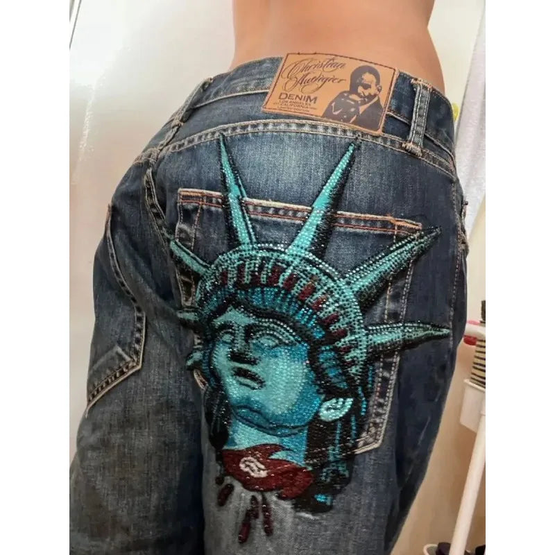 American vintage Liberty Goddess  magas derekú, egyenes szabású, bő szárú farmer, Y2K lezser, Ins utcai viseletű hosszú nadrág