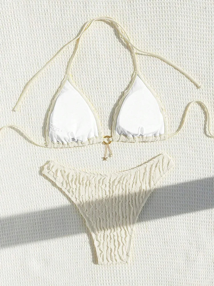 Szexi bikiniszett, kétrészes női fürdőruha, fodros, pántnélküli bikini 2026, női fürdőruha, női strandruha