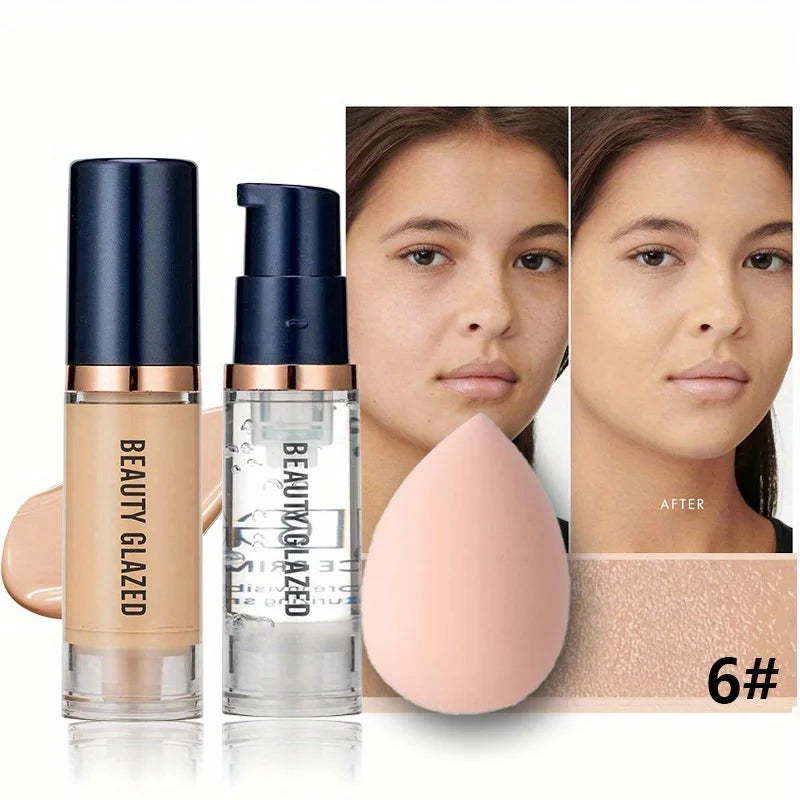 BEAUTY GLAZED 3 darabos arcsmink készlet, matt, tartós, vízálló folyékony alapozó + primer + puff