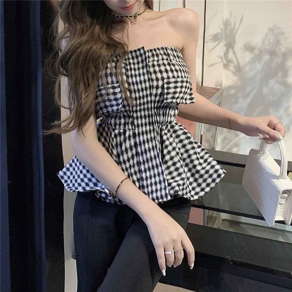 Lányoknak elegáns fodros kockás csőfelsői női rugalmas kendőcsövek bandeau rövid pánt nélküli trikó crop top női