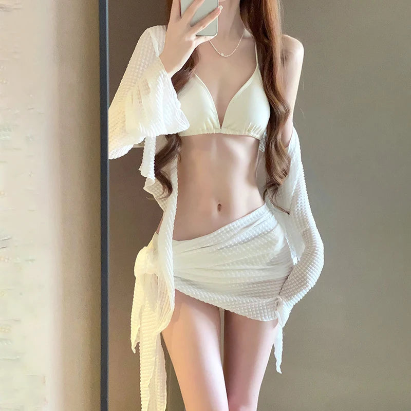 Női hosszú ujjú kötött bikiniszett, tiszta szexi push-up fürdőruha takaróval, elegáns üdülőhelyi fürdőruha nyaralásra és strandra