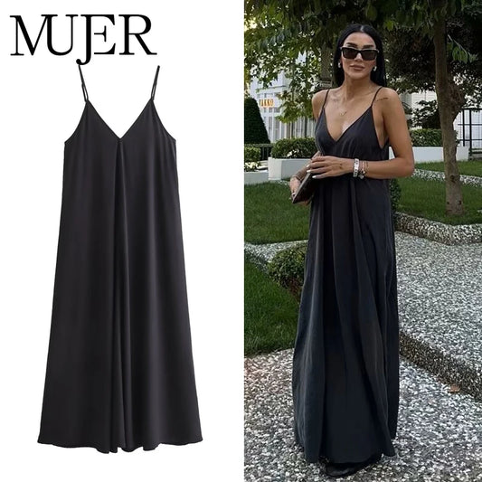MUJER fekete, slip-on hosszú ruhák nőknek, piros drapézott nyári ruha, női 2025 szexi, hát nélküli maxi ruha, női nyári strandruhák